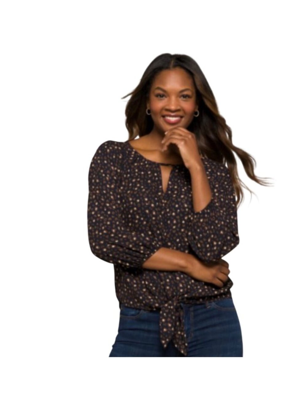 West Kei Women Size  XL Navy & Brown Leopard Print Tie Front Blouse Pullover